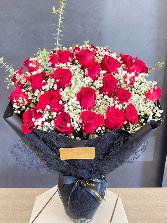 Classic Red Long Stem-Flowers with Vase - Holiday