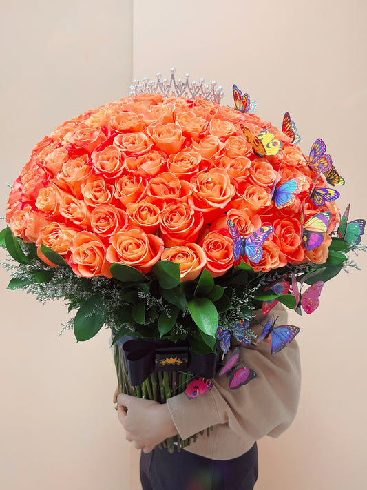 150 Orange Roses With Crown and Butterflies