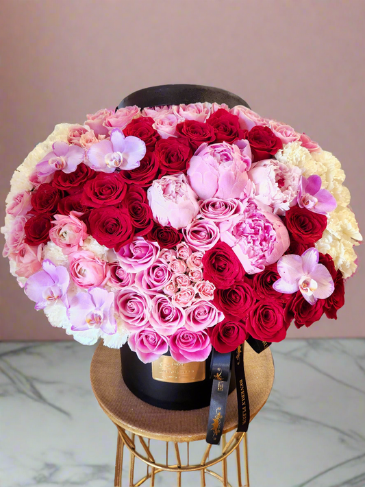 Lady in Red with peonies