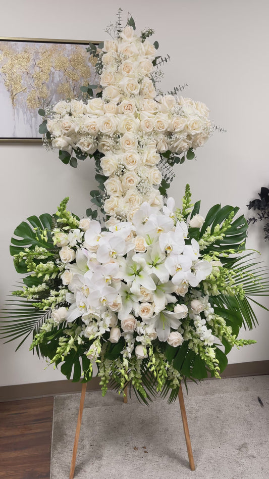 Rose and orchid Cross standing spray