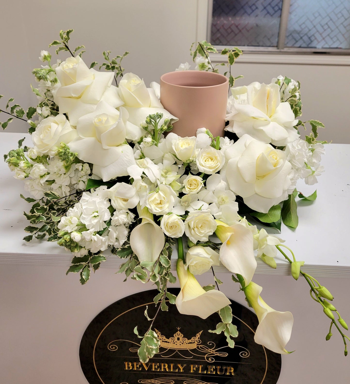 All White Cremation Urn Arrangment